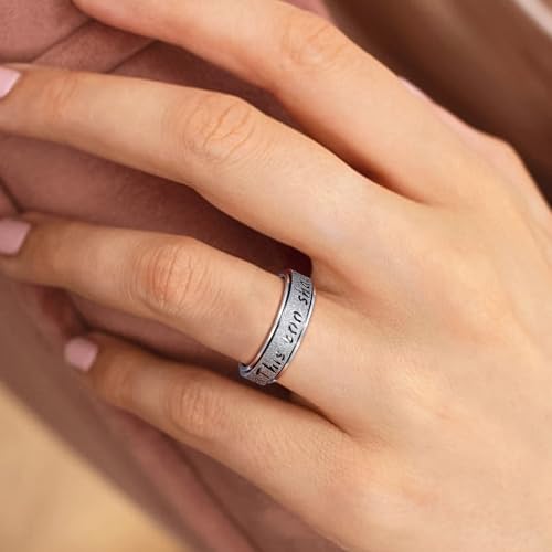 Fidget Spinner Ring for Women - THIS TOO SHALL PASS Stainless Steel 18K Gold Plated Anxiety Rotating Inspirational Ring for Stress Relief, Thumb Hope Rings Jewelry Gift for Women Men - color: Silver