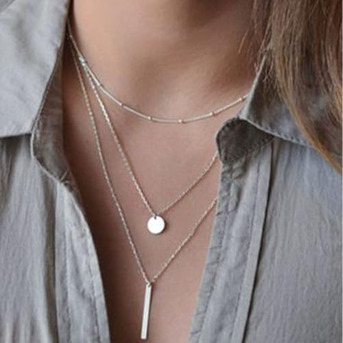 Layered Necklace Pendant Handmade Dainty Choker Bar Layering Long Necklace for Women(Silver) - color: Silver