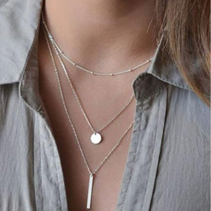 Layered Necklace Pendant Handmade Dainty Choker Bar Layering Long Necklace for Women(Silver) - color: Silver