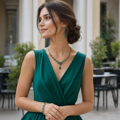 Paxuan Wedding Jewelry Sets for Bride Bridesmaid Bridal Jewelry Set for Women Wedding Crystal Necklace Earrings Bracelet Set for Party Prom Jewelry - color: Emerald Green - Gold