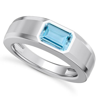 1CT - 3CT Gemstone Signet Pinky Ring - Emerald Cut Gem Pinky Ring White Yellow Rose 10K 14K 18K Gold Sterling Silver Mens Gem Signet Rings for Anniversary Fathers Day - style: Aquamarine