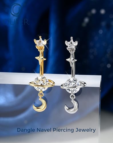 OUFER 14G Star Moon Planet Silver Gold Dangle Belly Button Rings 316L Surgical Stainless Steel CZ Belly Piercing Jewelry 10mm Navel Rings for Women - color: Silver