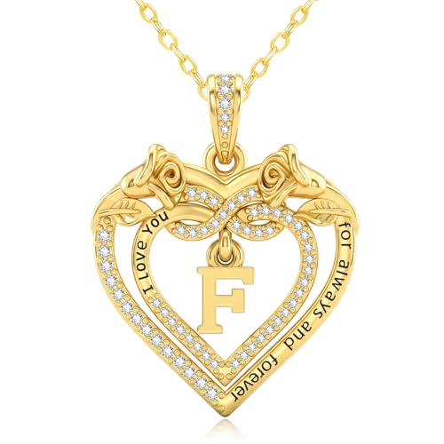14K Gold Initial Letter Rose Heart Pendant Necklace for Women, Anniversary Birthday Jewelry Gifts for Wife Mom Grandma Sister Daughter, I Love You for Always And Forever - style: 14K Gold-F