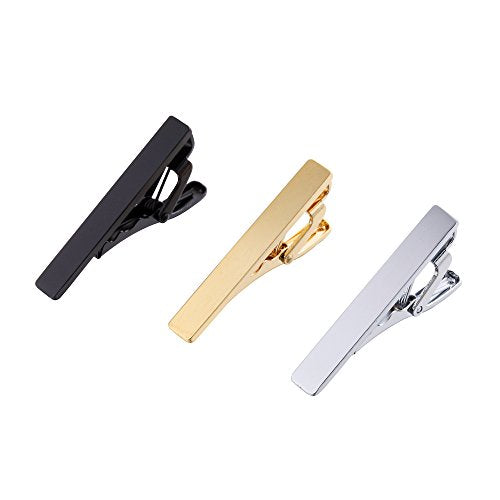 AnotherKiss 3-Pack Skinny Tie Clips for Men, Black Gold Silver Tone | Includes 3 slim tie clips in black, gold and silver tone, ideal for skinny ties, dress shirts, business wear and weddings.