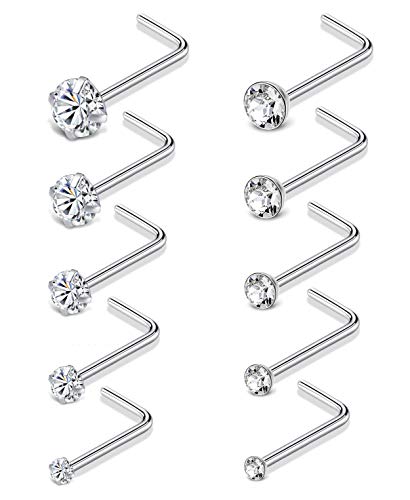 20G 10Pcs Stainless Steel L Screw Bone Shaped Nose Studs Rings Square Round CZ Nose Ring Labret Nose Piercing Jewelry for Men Women Silver Tone 1.5mm-2mm-2.5mm-3mm-3.5mm CZ - style: A:10Pcs,L Shaped