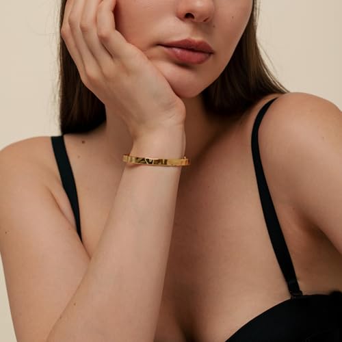 Classic Hammered Cuff Bracelet for Women, 18K Gold Plated Wide Bangle | Hammered Ripple Texture, 2.3-Inch Wide Cuff, Smooth Edges, Non Tarnish, Red Gift Box