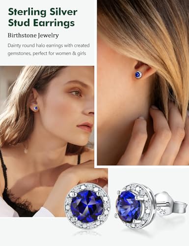 Dainty Birthstone Earrings for Women Sterling Silver Small Stud Earrings with Halo Cushion/Round Created Gemstone Earrings Birthstone Jewelry - style: B 09. Sep./created blue sapphire-round cut