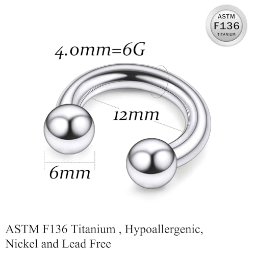 Ruifan 20G 18G 16G 14G 12G 8G 6G 4G 2G Horseshoe Nose Ring Titanium Septum Rings Piercing Jewelry Internally Threaded Gauges Cartilage Conch Helix Rook Lip Tragus Earring Hoop Eyebrow For Women Men - size: Ball: 6G - 12MM