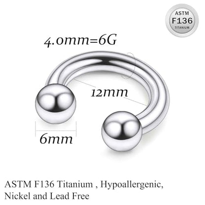Ruifan 20G 18G 16G 14G 12G 8G 6G 4G 2G Horseshoe Nose Ring Titanium Septum Rings Piercing Jewelry Internally Threaded Gauges Cartilage Conch Helix Rook Lip Tragus Earring Hoop Eyebrow For Women Men - size: Ball: 6G - 12MM
