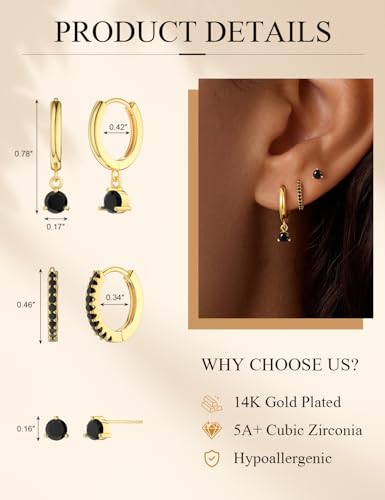 Freekiss 3 Pairs Hoop Earrings Set - Dainty Stud Dangle Cartilage for Women | Hypoallergenic Earrings, Cubic Zirconia Stackable Trendy Small Set Jewelry Gifts for Women - style: Black Onyx Style-GD