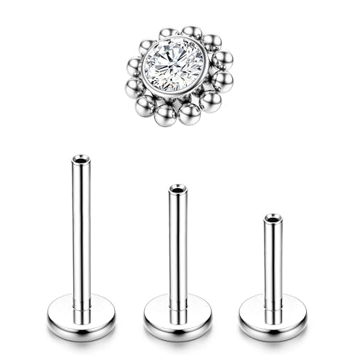 LOLIAS 16G G23 Titanium Tragus Conch Helix Piercing Jewelry 6mm 8mm 10mm - Internally Threaded Flat Back Stud Cartilage Earrings Hypoallergenic Forward Earlobe Labret Tragus Piercing Jewelry - color: Flower-Titanium