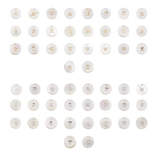 Craftdady 104pcs Freshwater Shell Alphabet Pendants Flat Round White Shell with A-Z Letter Bead Charms 11-11.5mm for Name Bracelets Necklaces Earrings Jewelry Crafts Making - color: Golden & Platinum Letter