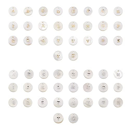 Craftdady 104pcs Freshwater Shell Alphabet Pendants Flat Round White Shell with A-Z Letter Bead Charms 11-11.5mm for Name Bracelets Necklaces Earrings Jewelry Crafts Making - color: Golden & Platinum Letter
