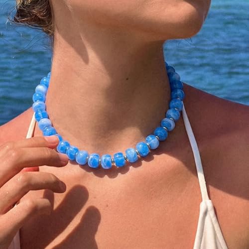 Beaded necklace for Women Boho Bead Gemstone Chunky Necklace Big Bead Necklace Fashion Trendy Summer Necklaces Jewelry Gifts - color: Light Blue