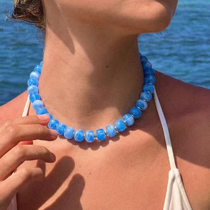 Beaded necklace for Women Boho Bead Gemstone Chunky Necklace Big Bead Necklace Fashion Trendy Summer Necklaces Jewelry Gifts - color: Light Blue