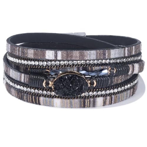 Boho Chunky Leather Wrap Bracelets Stackable Beaded Western Country Jewelry | Crystal Bead Trendy Layered Cuff Magnetic Clasp Stack Bohemian Statement Costume Outfits Cowgirl Fashion Hippie Accessories - color: Boho Black, size: 14.7"