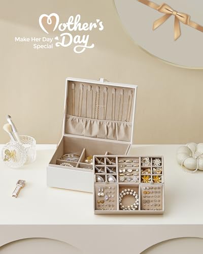 SONGMICS 2-Layer Jewelry Box, Jewelry Organizer with Handle, Removable Jewelry Tray, Jewelry Storage, Floating Effect, 8.1 x 9.4 x 4.3 Inches, Gift Idea, White UJBC165W01 - color: White