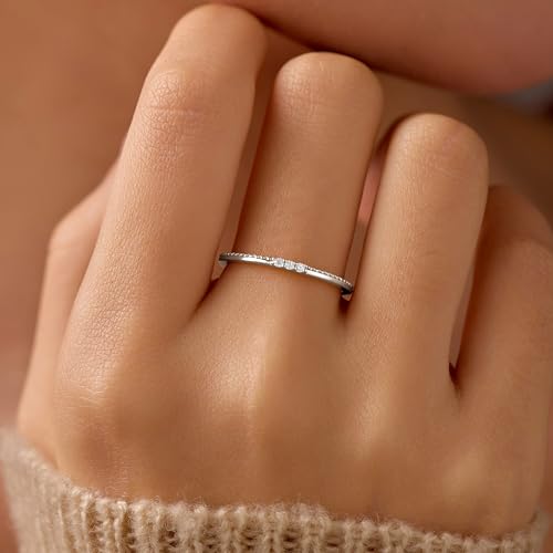 Dainty 14K Gold Plated Cubic Zirconia Rings Eternity Engagement Wedding Band Rings 925 Sterling Silver Stackable Rings for Women Aura Minimalist Knuckle Pinky Finger Ring Mothers Day Jewelry Gifts - color: Silver