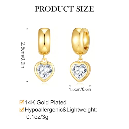 Gold Dangle Earrings for Women 14K Gold Plated Chunky Huggie Hoops Drop Earring Trendy Cubic Zirconia Diamond Crystal Round Teardrop Heart Charm Hypoallergenic Statement Jewelry Gifts - color: gold-heart CZ