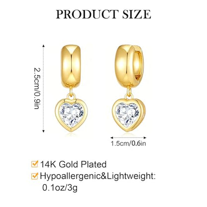 Gold Dangle Earrings for Women 14K Gold Plated Chunky Huggie Hoops Drop Earring Trendy Cubic Zirconia Diamond Crystal Round Teardrop Heart Charm Hypoallergenic Statement Jewelry Gifts - color: gold-heart CZ