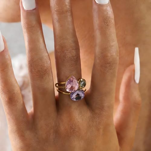 Geometric CZ Crystal Statement Rings for Women Ladies Stainless Steel Gold-Tone Plated Wedding Band Adjustable Open Gemstone Comfort Fit Finger Stacking Cocktail Party Ring Stylish Holiday Jewelry