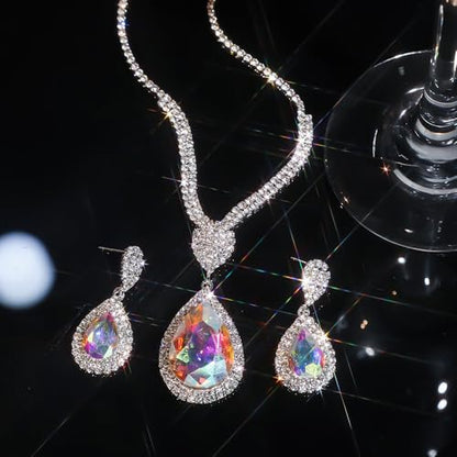 Fashion Red Black Colorful Bridal Teardrop Layered Crystal Necklace Earrings Set Sparkly Rhinestone Crystal Elegant Bridal Teardrop Shape Choker Earrings For Prom Costume Set Christmas Halloween Full Rhinestone Choker Necklace Earrings for Women - color: