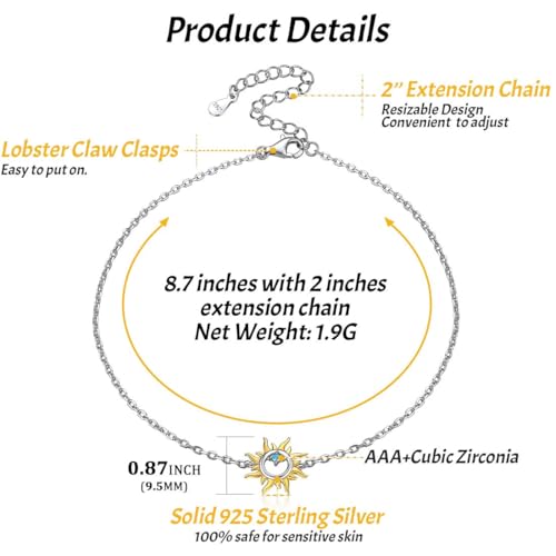 ChicSilver Personalized 925 Sterling Silver Tiny Heart/Moon/Star/Sun/Dot/Triangle Anklets Simple Dainty Foot Jewelry for Women, Silver/Gold Plated/Rose Gold Plated - style: Gold Sun