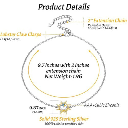 ChicSilver Personalized 925 Sterling Silver Tiny Heart/Moon/Star/Sun/Dot/Triangle Anklets Simple Dainty Foot Jewelry for Women, Silver/Gold Plated/Rose Gold Plated - style: Gold Sun