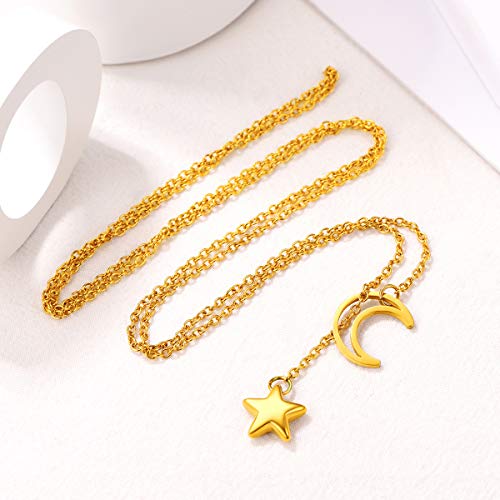 FOCALOOK Heart Lariat Necklaces for Women, Long Slip Chain Necklace | Hypoallergenic 316L Stainless Steel Silver/Black/Gold Plated, Front Slider Closure, Non Tarnish, Layered look, Everyday Wear - color: 17:Gold Star Moon