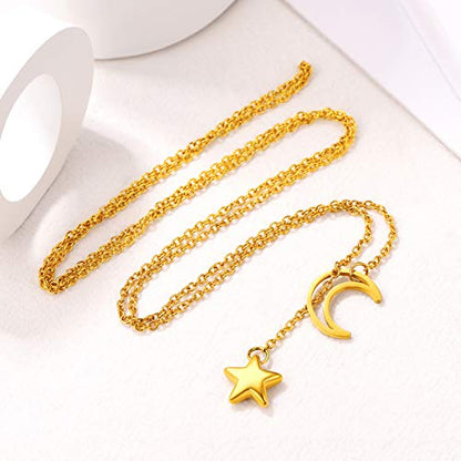 FOCALOOK Heart Lariat Necklaces for Women, Long Slip Chain Necklace | Hypoallergenic 316L Stainless Steel Silver/Black/Gold Plated, Front Slider Closure, Non Tarnish, Layered look, Everyday Wear - color: 17:Gold Star Moon