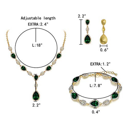 EleQueen Women's Wedding Bridal Jewelry Sets for Brides Bridesmaids, Cubic Zirconia Teardrop Necklace Tennis Bracelet Dangle Earrings Jewellery Set - color: 03-Emerald Color Gold-Tone