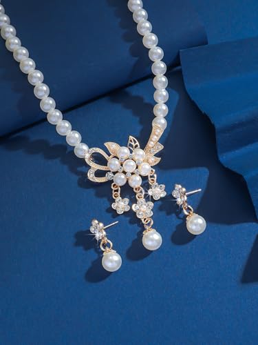Pearl Necklace and Earring Set for Women,Pearl Jewelry Set Fake Pearls Necklace Imitation Beaded Collar de Perlas Para Mujer Necklaces for Prom Bridesmaid Costume Accessories - color: C-Gold Flower