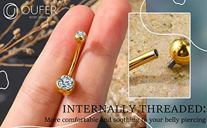 OUFER Titanium Belly Button Rings, Internally Threaded Belly Ring, Round CZ Navel Rings for Women Men - color: Gold, size: 1.6*14MM