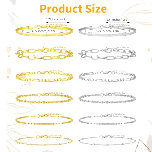 12Pcs Ankle Bracelets for Women Layered Waterproof, Gold/Silver Cuban Link Chain Anklets Set, Adjustable Plus Size Summer Jewelry Gift