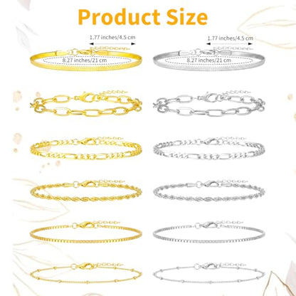 12Pcs Ankle Bracelets for Women Layered Waterproof, Gold/Silver Cuban Link Chain Anklets Set, Adjustable Plus Size Summer Jewelry Gift