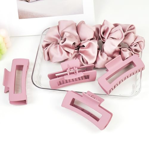 8pcs Claw Clips and Hair Scrunchies Set – 4 Square Hair Clips for Women, Medium Non-Slip Matte, 4 Large Satin Scrunchies, Hair Accessories for Thick Thin Hair, Party, Daily Use – Dusty Pink - color: Dusty Mauve Rose