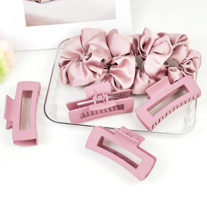 8pcs Claw Clips and Hair Scrunchies Set – 4 Square Hair Clips for Women, Medium Non-Slip Matte, 4 Large Satin Scrunchies, Hair Accessories for Thick Thin Hair, Party, Daily Use – Dusty Pink - color: Dusty Mauve Rose