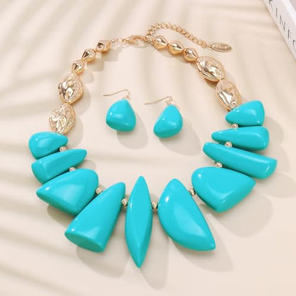 Bocar Chunky Beaded Necklace - color: Turquoise-Set