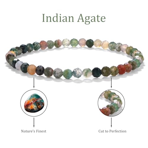 Natural Faceted Crystal Bracelet for Women,4mm Gemstone Round Beads Bracelets Adjustable Stretchy Healing Crystal Beads Bracelets Dainty Jewelry Gift - color: Indian Agate