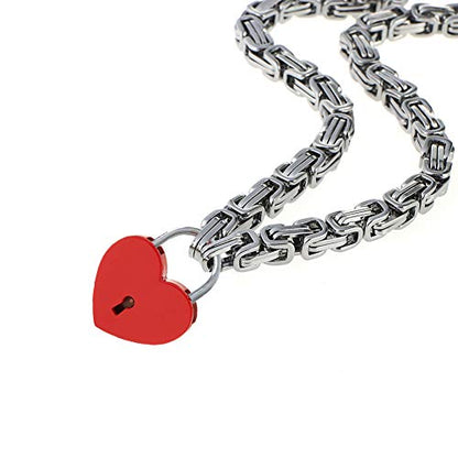 Heart Padlock Collar Stainless Steel Lock Necklace Byzantine Chain Necklace Locking Collar Choker for Men Women Jewelry - style: F