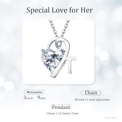 ForeverLove Heart Necklaces for Women, 4-2 Carats Heartshap Moissanite, Silver Pendant Jewelry, Anniversary Birthday Gifts for Wife, Girlfriend, Daughter, Mom - style: T Initial 3.0 Carats Heart Moissanite Sterling Sliver Necklace