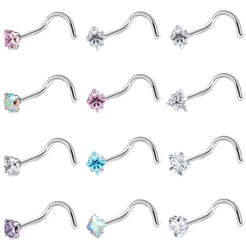 Hypoallergenic Nose Rings Studs 18G & 20G Surgical Steel Nose Studs L Shaped Nostril Piercing Jewelry with Cubic Zirconia for Women & Men - color: 20g,corkscrew,crystal