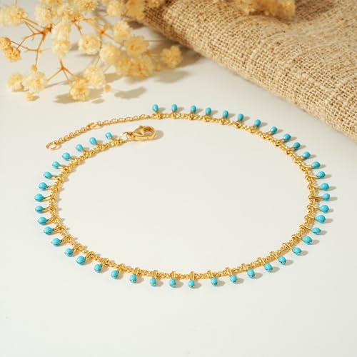 Gold Anklets for Women 14K Gold Plated Tiny Bead Anklet Colorful Tassel Foot Chain Dainty Adjustable Cute Summer Beach Boho Anklets Jewelry Gift - color: lake blue