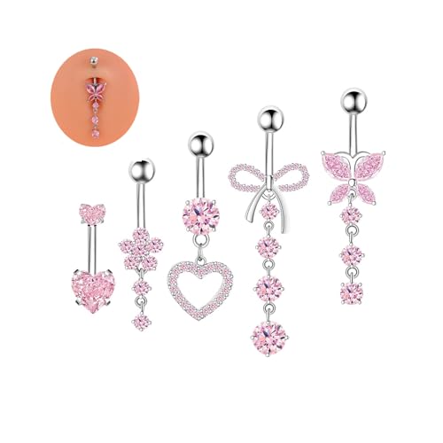 5PCS Crystal Belly Button Ring for Women Dangle Navel Belly Piercing Jewelry Cute Bow Butterfly Heart Angel wings Navel Belly Rings 14G Silver Surgical Steel Belly Button Stud - color: Pink-5pcs