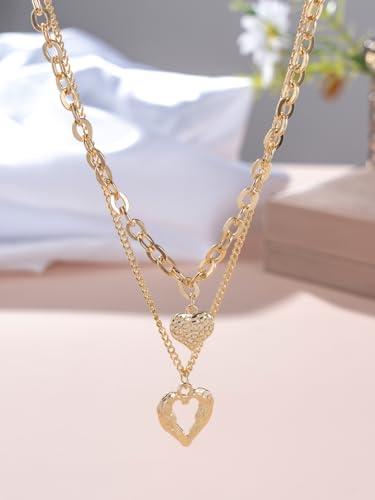Angel Wings Loving Heart 14K Gold Plated Necklace Personality Hollow Heart Pendant Double-Deck Two Lobster Clasp Adjustable Extender - style: 14 Gold Angel Wings+Loving Heart