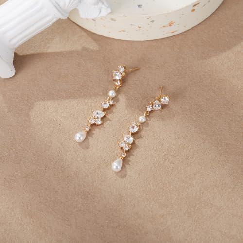 Crysdue Simulated Pearl Earrings for Women, Dainty Silver/Gold/Rose Gold Plated Cubic Zirconia Drop Dangle Earrings Wedding Jewelry for Bride Bridesmaid - style: b_CZ+Pearl, Gold