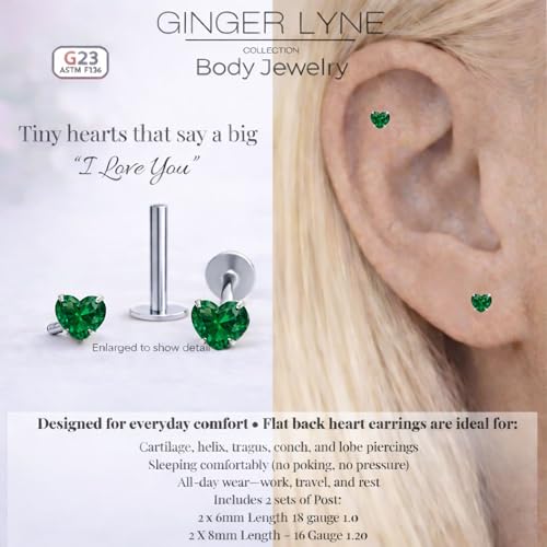 Titanium Heart CZ Labret Stud Earrings for Piercings by Ginger Lyne 6Pc Set G23 Screw Front Flat Back Body Jewelry 2 pair post 6mm, 8mm Cartilage, Helix, Tragus, Lip, Conch, Lobe - color: 5mm-DkGreen