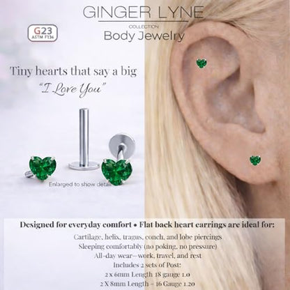 Titanium Heart CZ Labret Stud Earrings for Piercings by Ginger Lyne 6Pc Set G23 Screw Front Flat Back Body Jewelry 2 pair post 6mm, 8mm Cartilage, Helix, Tragus, Lip, Conch, Lobe - color: 5mm-DkGreen