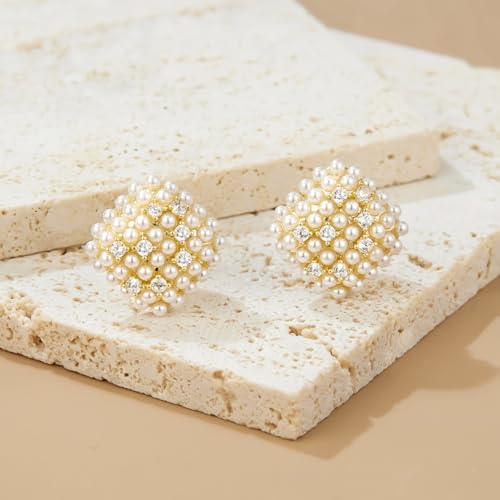 YOQUCOL Simulated Pearl Flower-Cluster Shape Clip On Stud Earrings Non Pierced Ear Earrings for Women - color: Rhombic