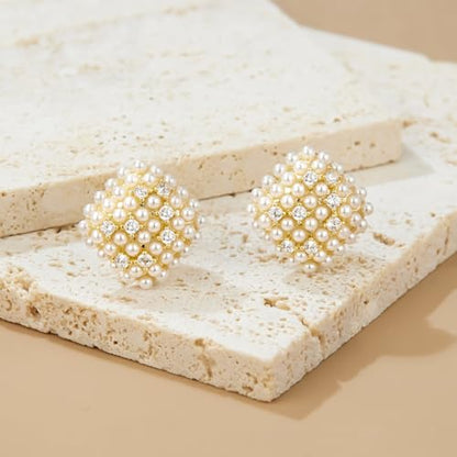 YOQUCOL Simulated Pearl Flower-Cluster Shape Clip On Stud Earrings Non Pierced Ear Earrings for Women - color: Rhombic